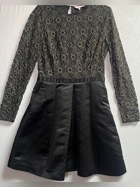 Ted Baker Black Satin Skater Dress Gold Floral Lace Bodice Size 3 US 8